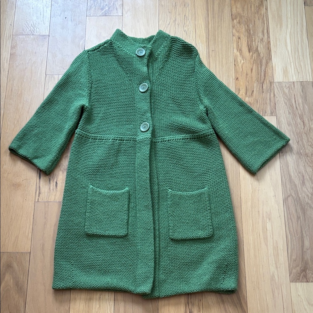 Eileen Fisher green long merino wool cardigan size petite medium.